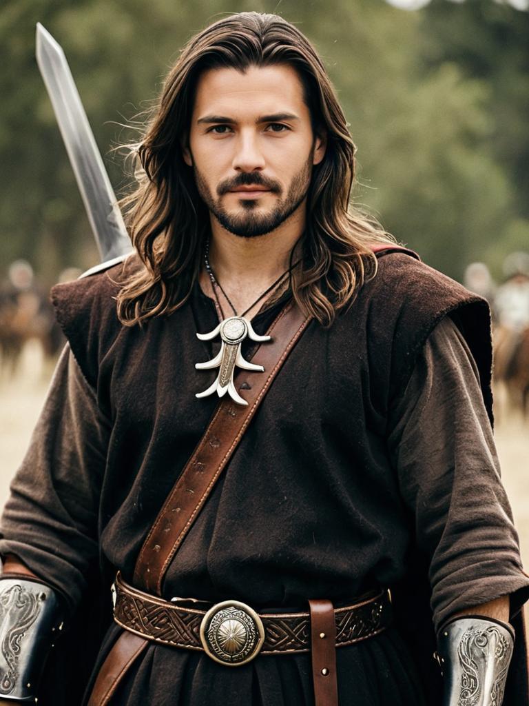 Medieval Warrior Man in Leather Armor with Sword Outdoors