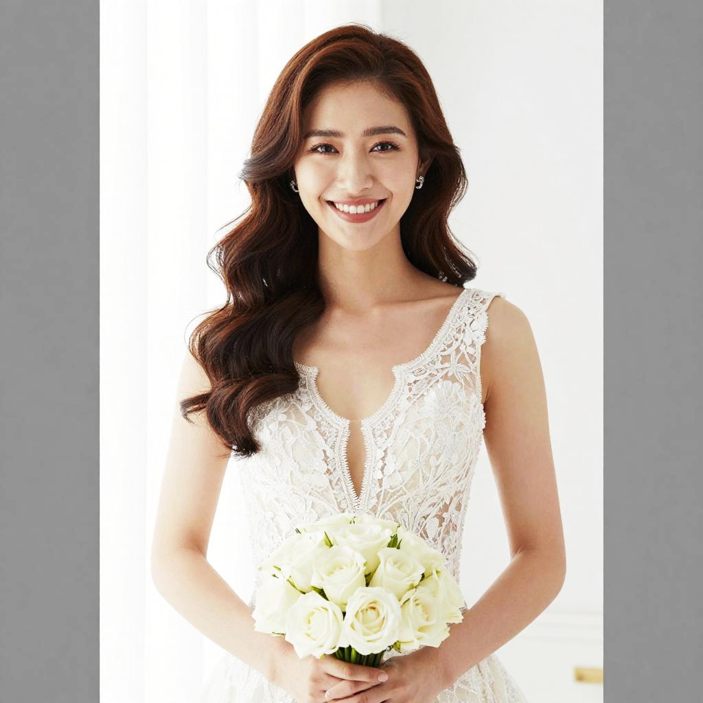 Elegant Woman in Lace Wedding Dress Holding White Rose Bouquet