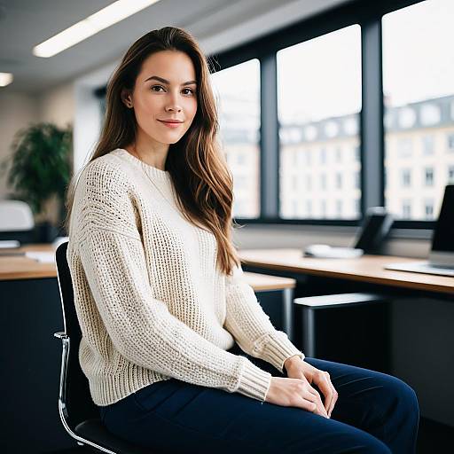Young Woman Sitting in Modern Office Wearing Knit Sweater