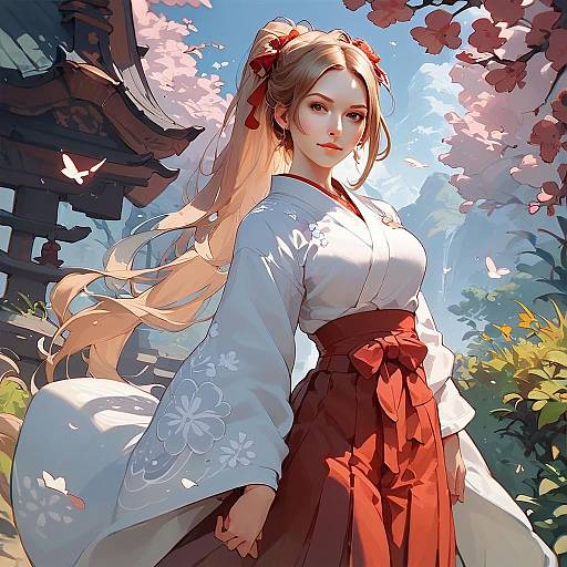 Elegant Anime Woman in Traditional Japanese Kimono Amid Cherry Blossoms