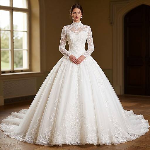 Elegant White Lace Ball Gown Wedding Dress with Long Sleeves