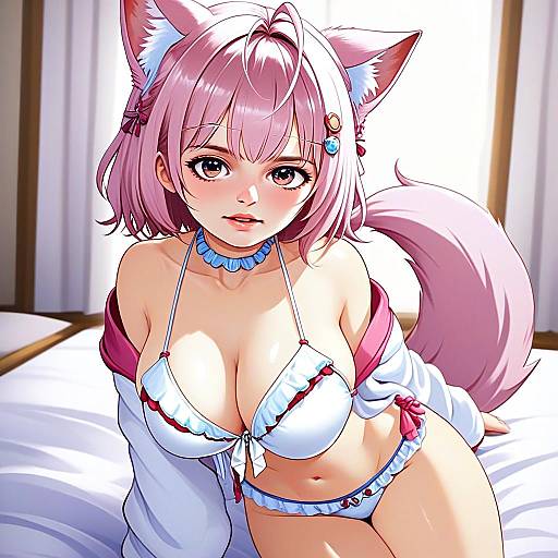 Hakui Koyori Anime Girl in Summer Bikini with Cat Ears and Tail