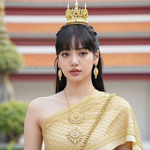 Traditional Thai Woman in Golden Dress and Crown