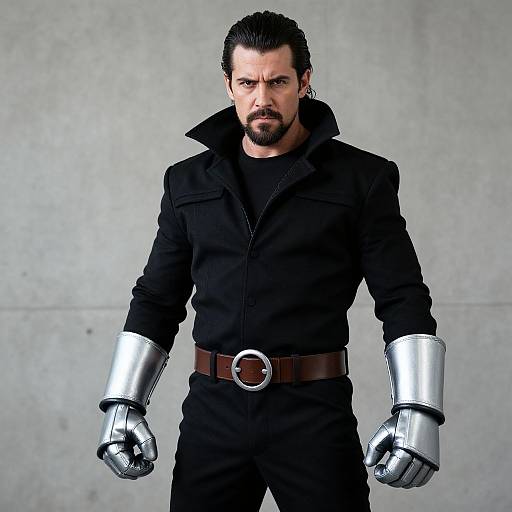 Man in Black Costume with Metallic Silver Gauntlets