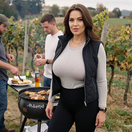 Busty Woman in Black Quilted Vest and Grey Long Sleeve Shirt Outdoors at Barbecue