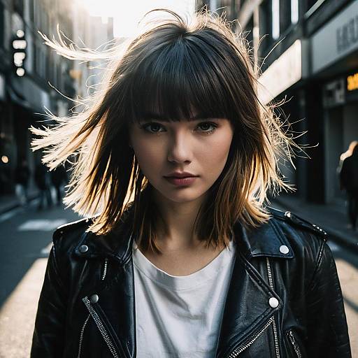 Confident Young Woman in Leather Jacket on Urban Street