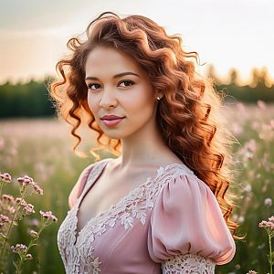 Young Woman in Pink Dress in Wildflower Field at Golden Hour