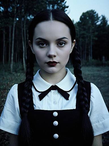 Photorealistic Woman in Wednesday Addams Costume Outdoor Portrait