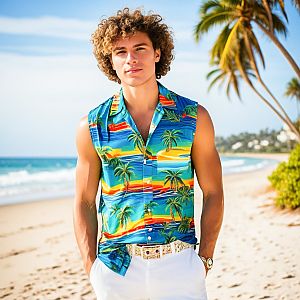 Young man on sunny beach in Hawaiian shirt