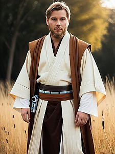 Man in Realistic Obi-Wan Kenobi Cosplay Costume Outdoors