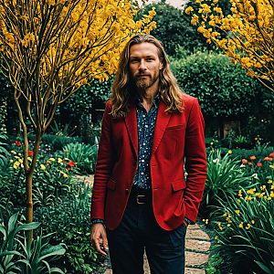 Man in Red Blazer Standing in Vibrant Garden with Yellow Flowering Trees
