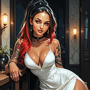 Confident woman in white dress with red-highlighted hair