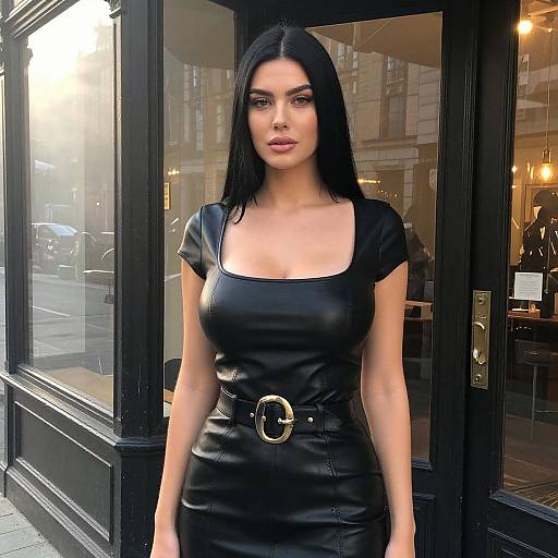 Woman in Black Leather Dress with Gold Belt Urban Fashion Style