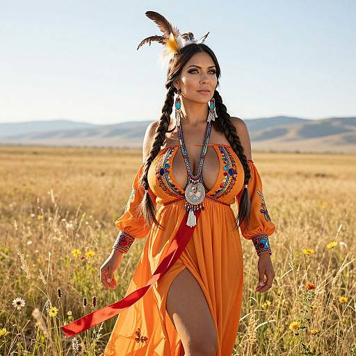 Woman in Traditional Native American Inspired Dress in Sunlit Field