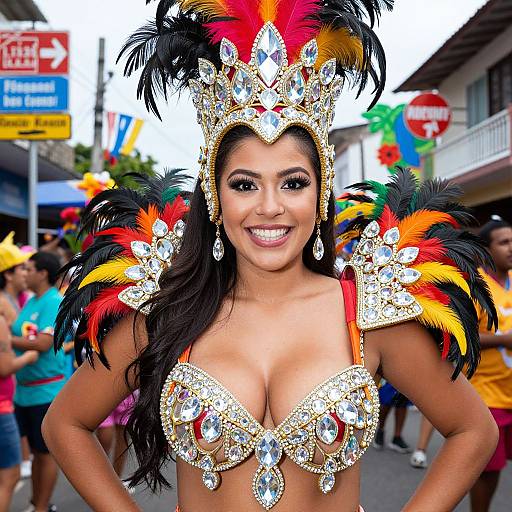 Carnival Woman in Colorful Feathered and Jewelled Costume on Street Parade