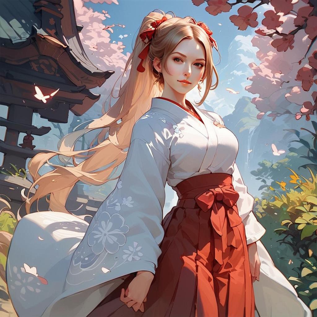 Elegant Anime Woman in Traditional Japanese Kimono Amid Cherry Blossoms