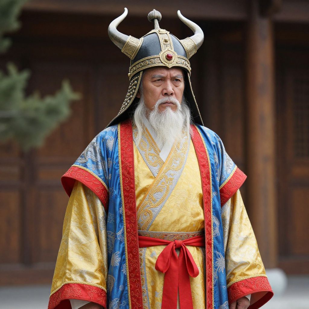 Elderly Asian Man in Traditional Royal Costume with Horned Helmet