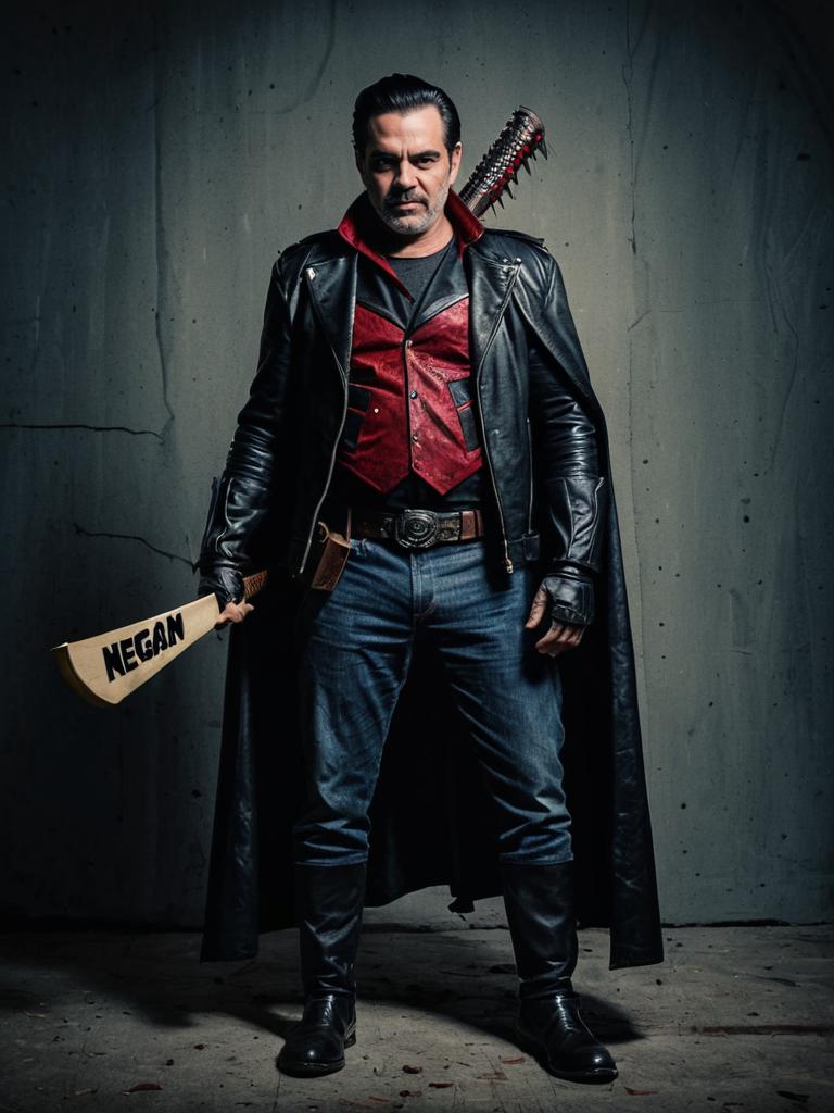 Man in Negan Cosplay Costume with Prop Bat Full Body Photo