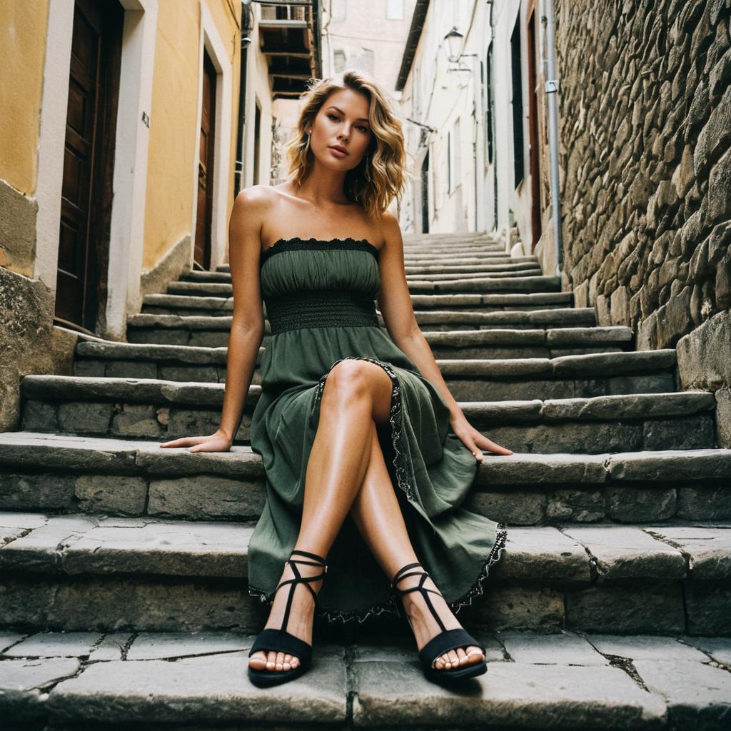 Elegant Woman Sitting on Stone Steps in Rustic Alleyway Wearing Green Dress