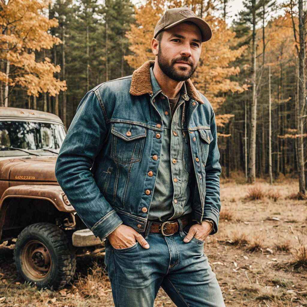 Man Wearing Denim Jacket and Cap Standing by Vintage Truck in Autumn Forest