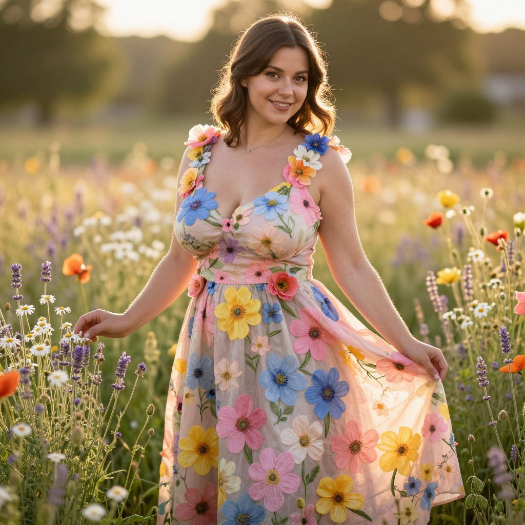 Woman in Floral Dress Standing in Wildflower Field at Golden Hour