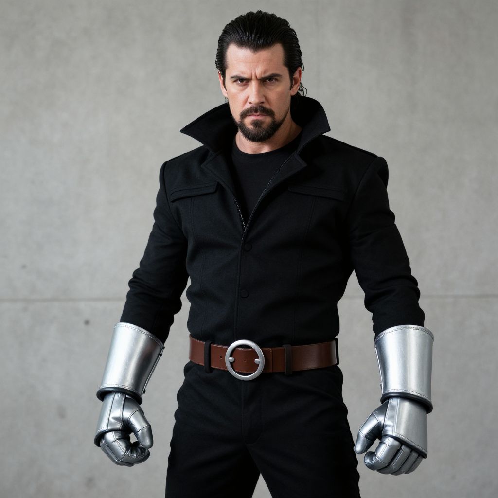 Man in Black Costume with Metallic Silver Gauntlets