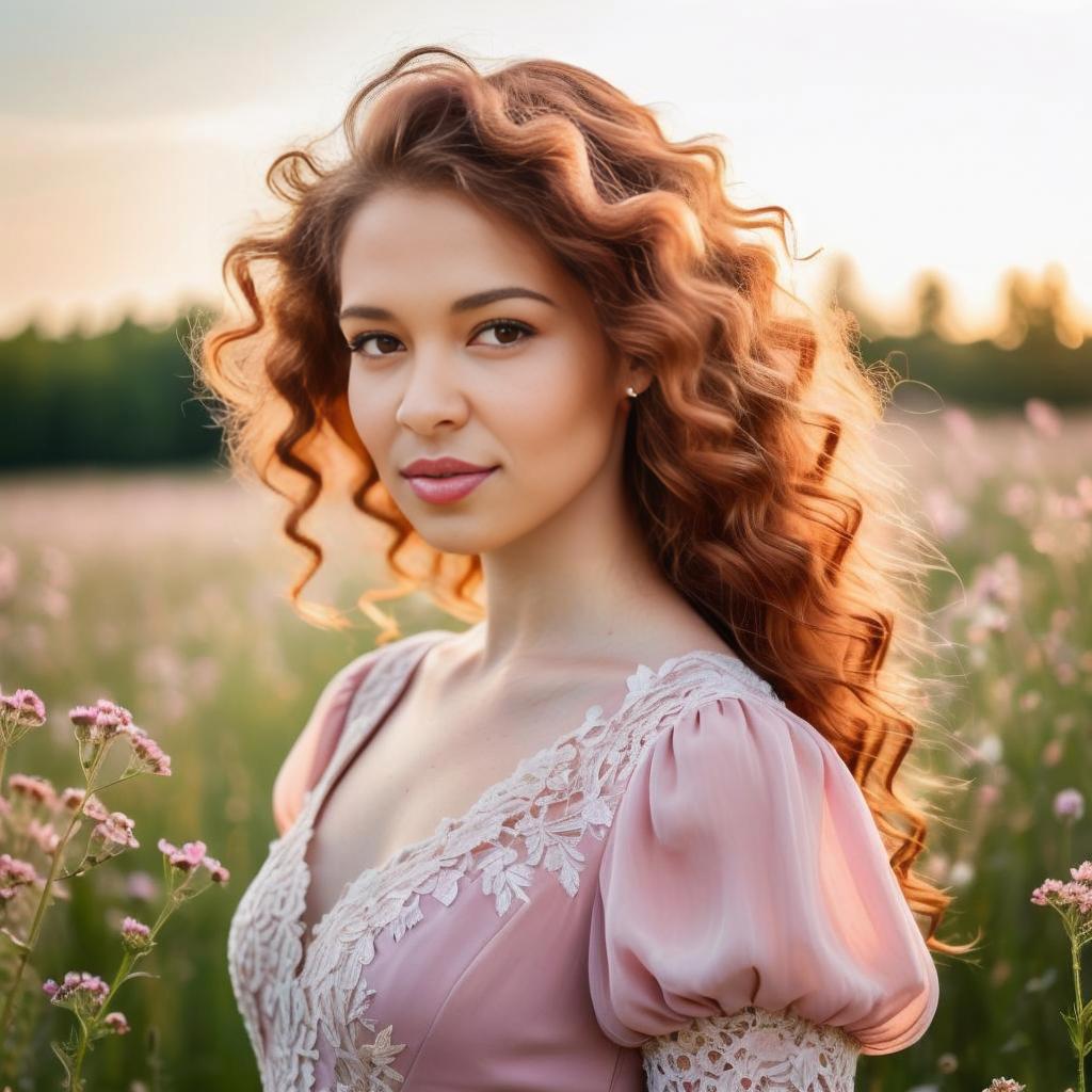 Young Woman in Pink Dress in Wildflower Field at Golden Hour
