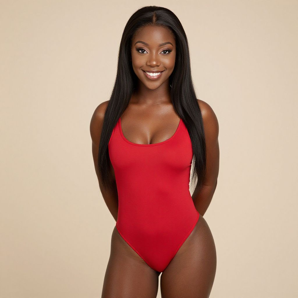 Confident Woman Smiling in Red One-Piece Swimsuit Studio Portrait