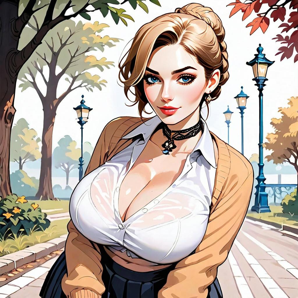 Confident Blonde Woman in Anime Style Park Scene