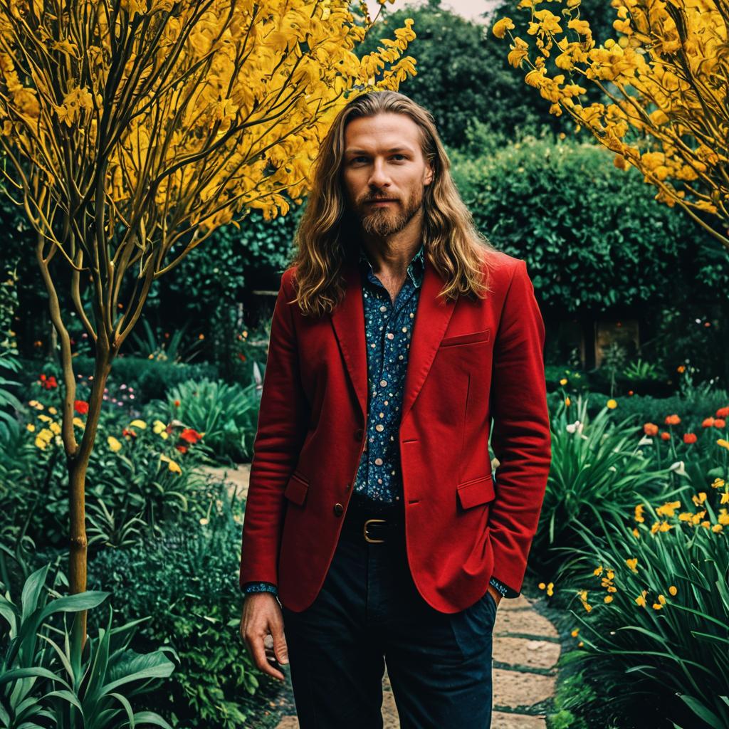 Man in Red Blazer Standing in Vibrant Garden with Yellow Flowering Trees Man in Red Blazer Standing in Vibrant Garden with Yellow Flowering Trees