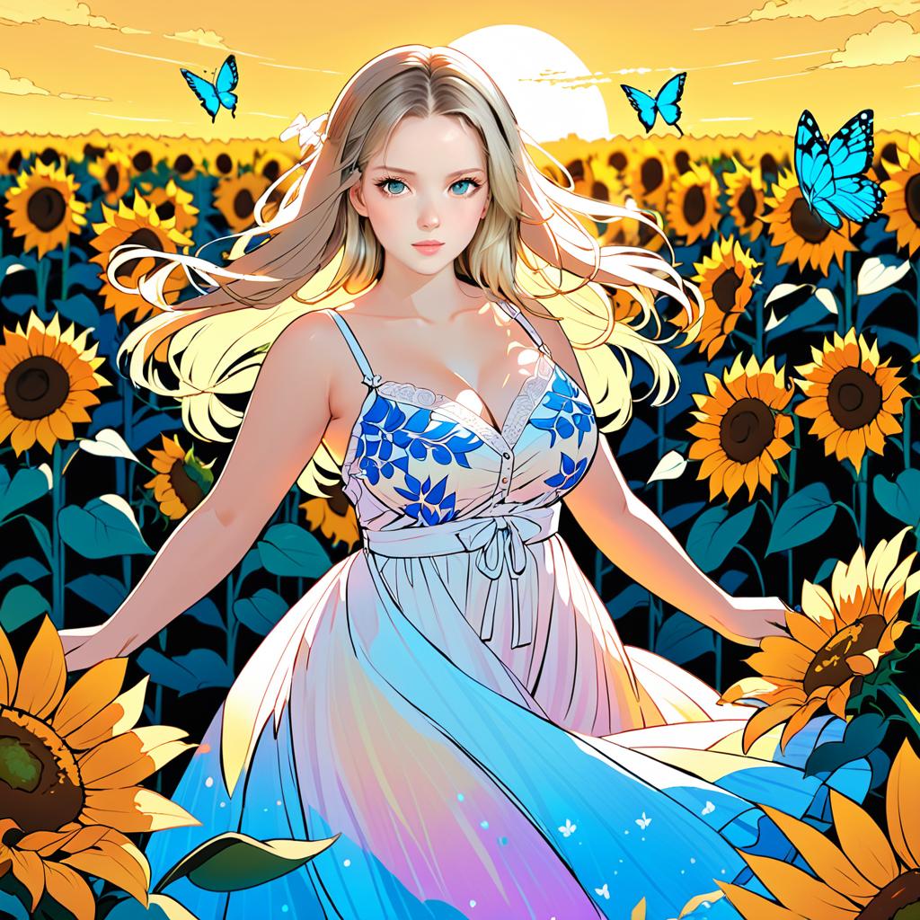 Anime Woman in Sunflower Field at Sunset