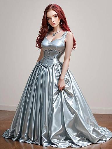 Woman in Classic Glamour Satin Ball Gown with Metallic Silver Finish