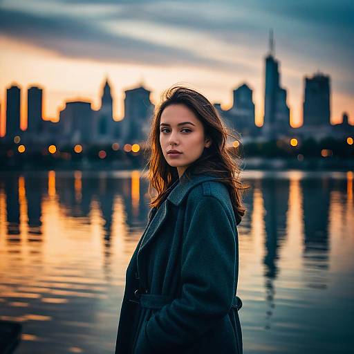Young Woman at Waterfront with City Skyline Sunset