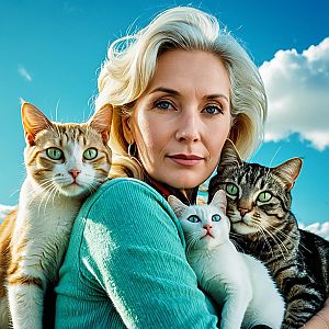 60-year-old woman with cats against blue sky