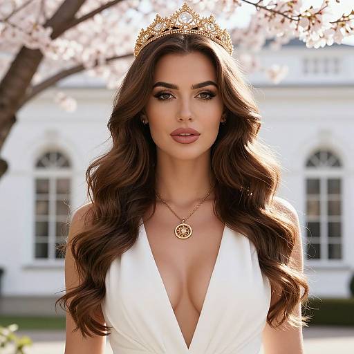 Elegant Woman Wearing Golden Crown and White Dress with Cherry Blossoms Background
