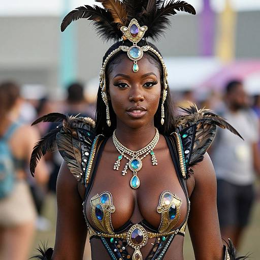 Woman in Elaborate Feathered Carnival Costume with Gemstones