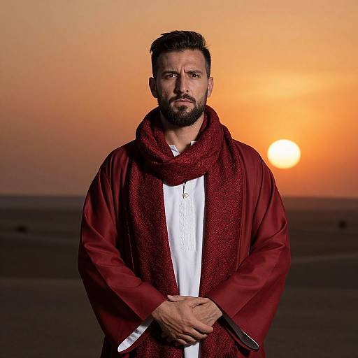 Man in Traditional Middle Eastern Attire at Desert Sunset