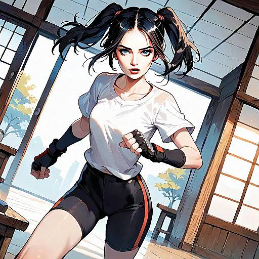Anime Style Athletic Woman in Sporty Outfit with Twin Ponytails