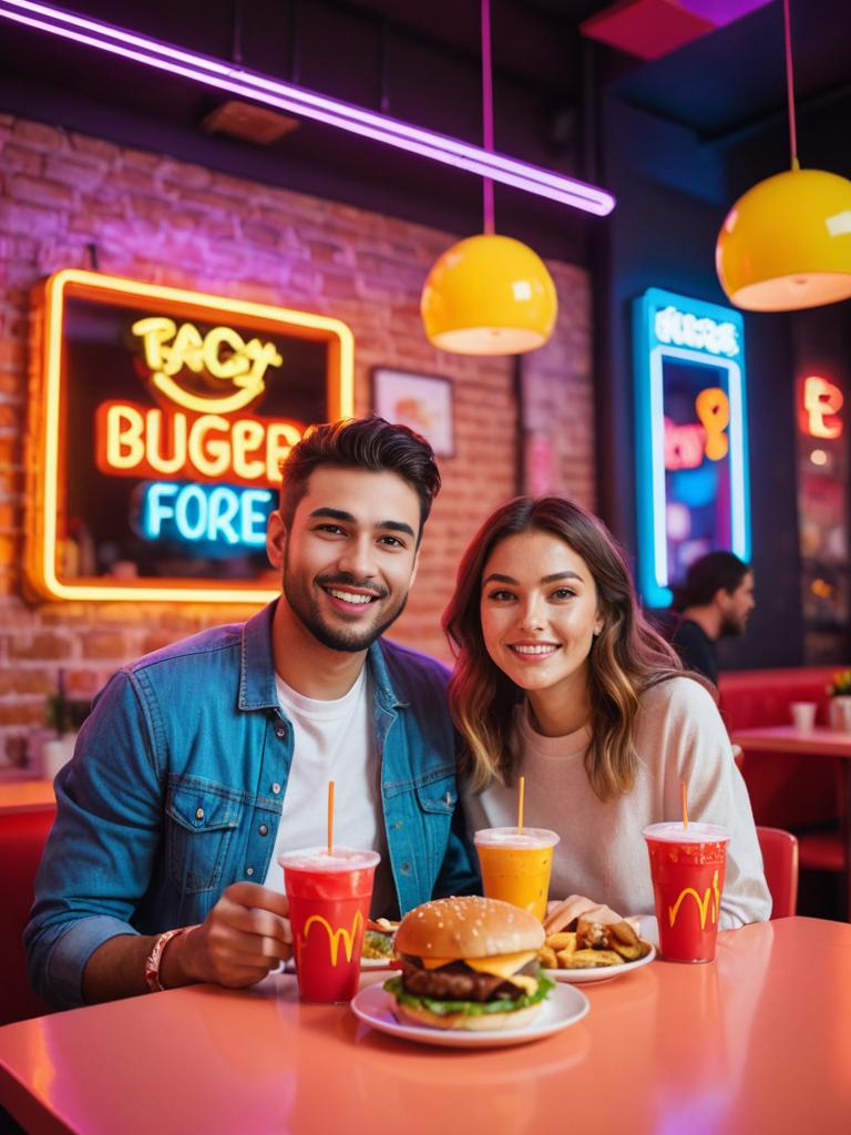 Happy couple enjoying fast food in a vibrant restaurant