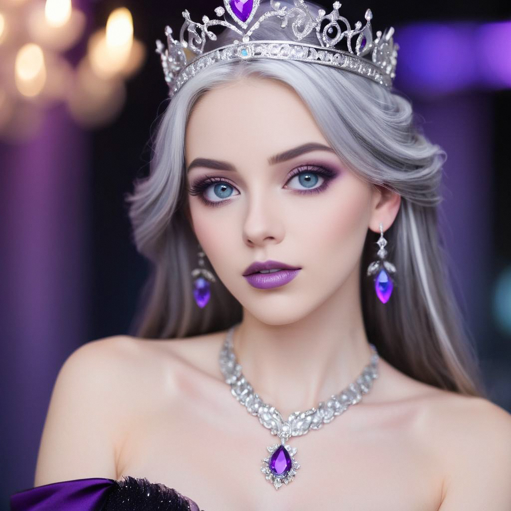 Elegant Woman in Silver Jewelry with Purple Gemstones