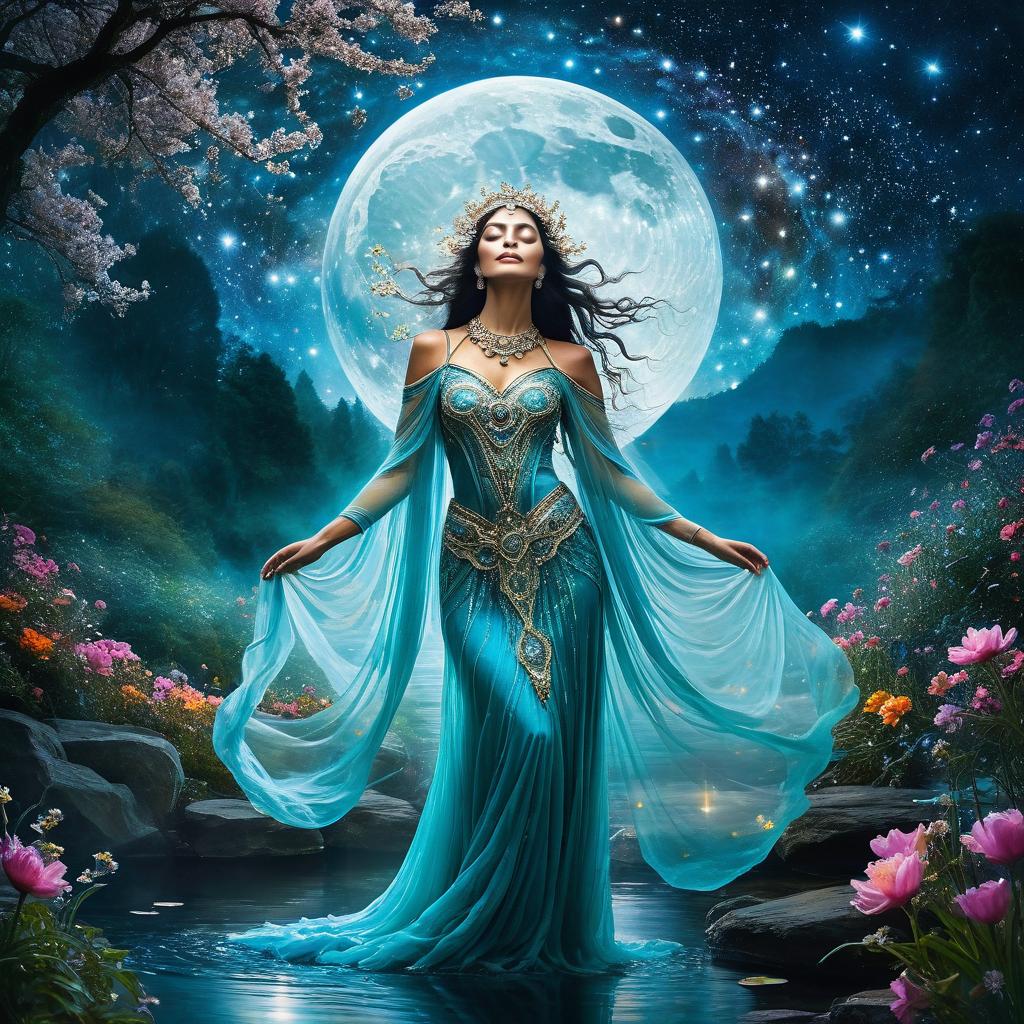 Majestic Woman in Turquoise Gown Under Full Moon