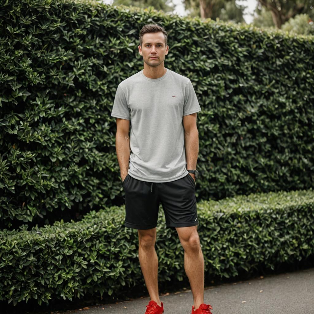 Confident man in athletic wear with red sneakers