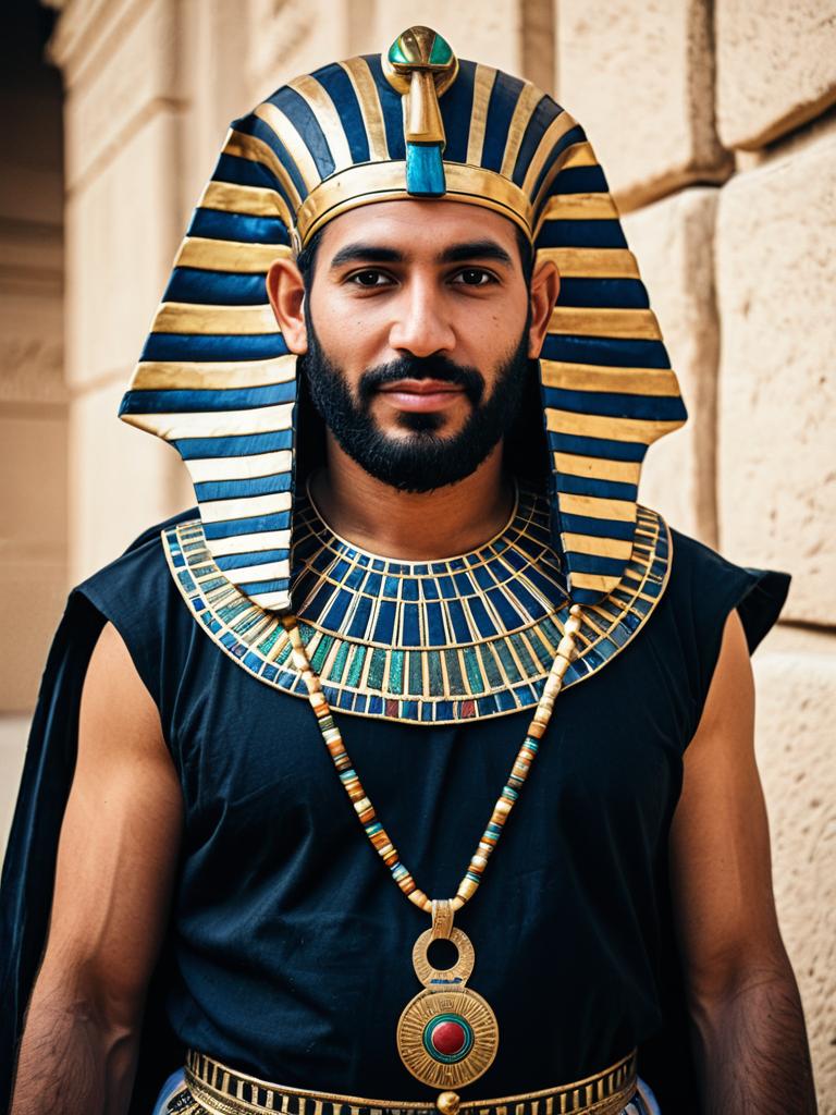 Man in Modern Egyptian Pharaoh Costume and Clothing Cosplay Festival Portrait