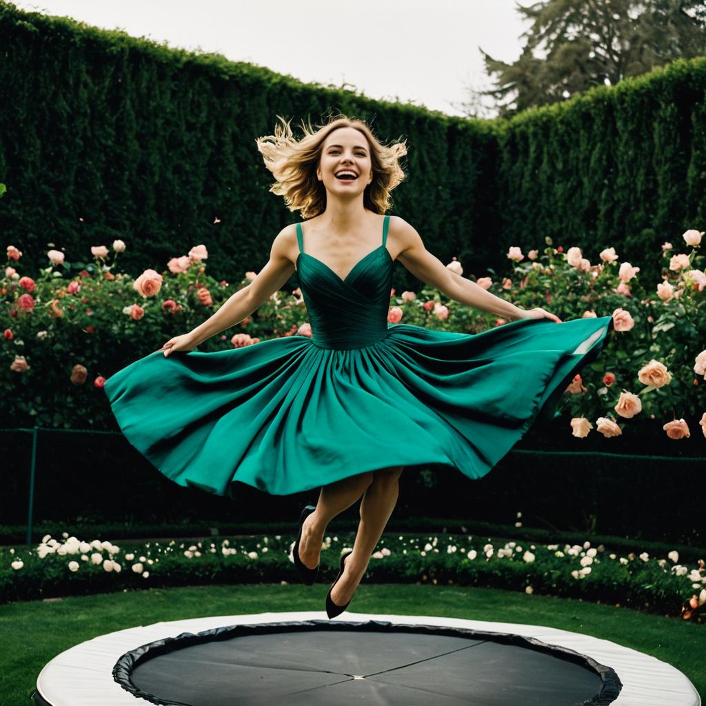 Joyful Woman Jumping on Trampoline in Garden with Green Dress