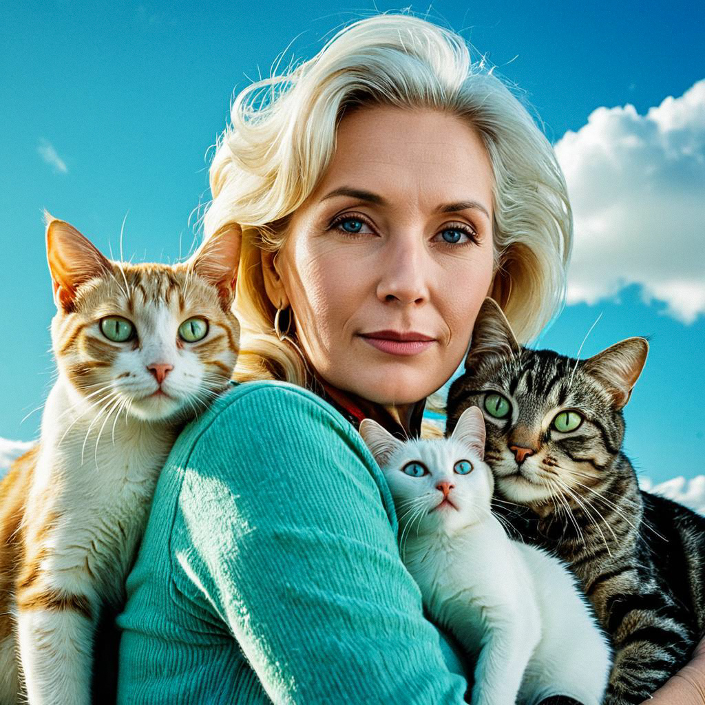 60-year-old woman with cats against blue sky 60-year-old woman with cats against blue sky