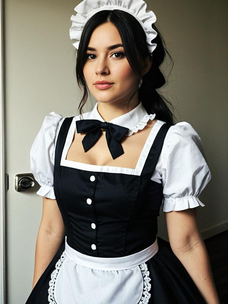 Classic Lockable Maid Costume with Frilled Headpiece and Bow Tie