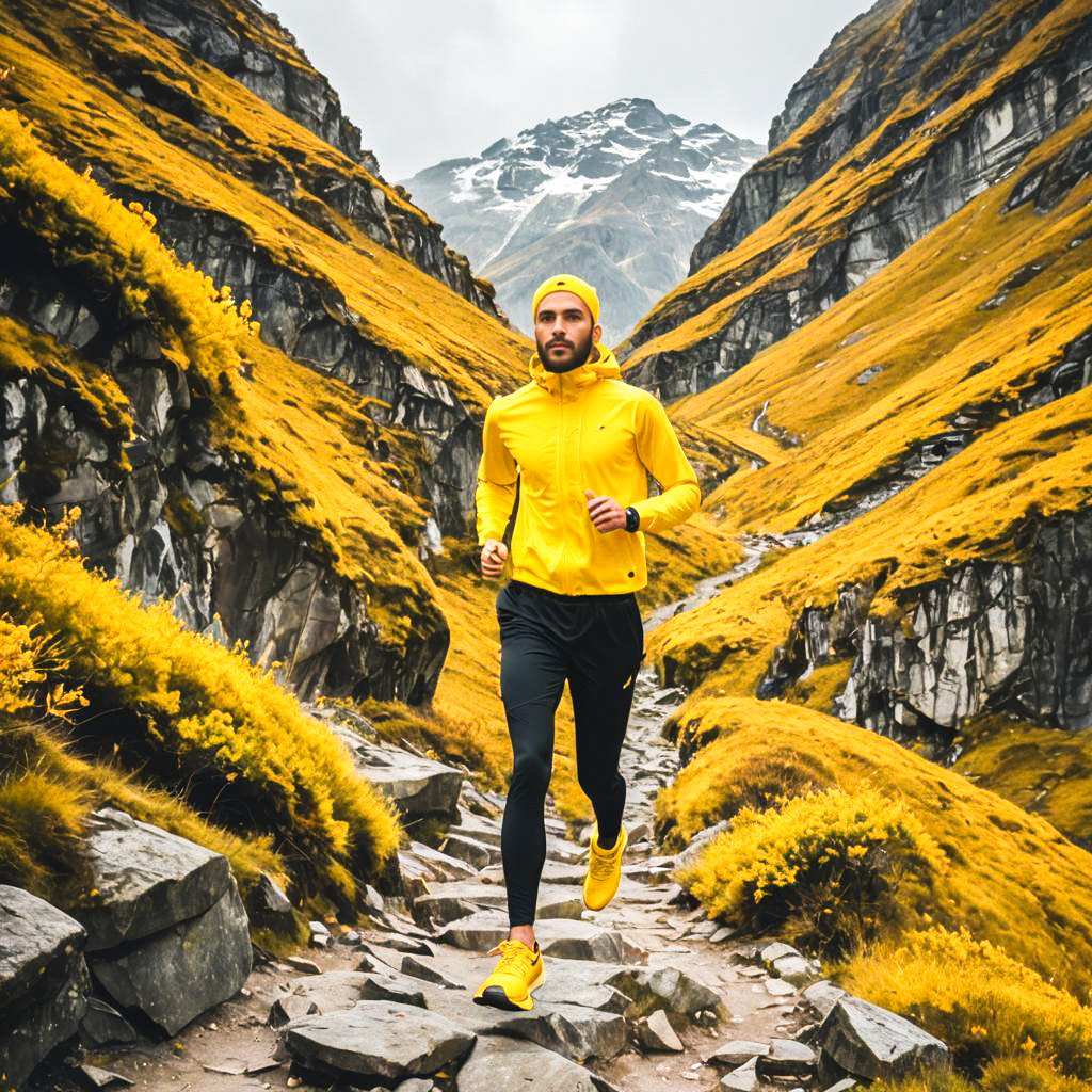 Man in Yellow Suit on Mountain Trail with Autumn Foliage