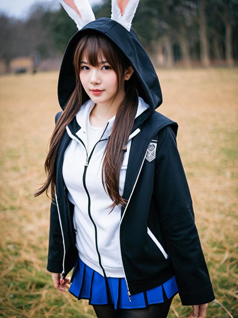 Amiya Guard Arknights Cosplay Woman in Bunny Hooded Outfit Outdoor Photo