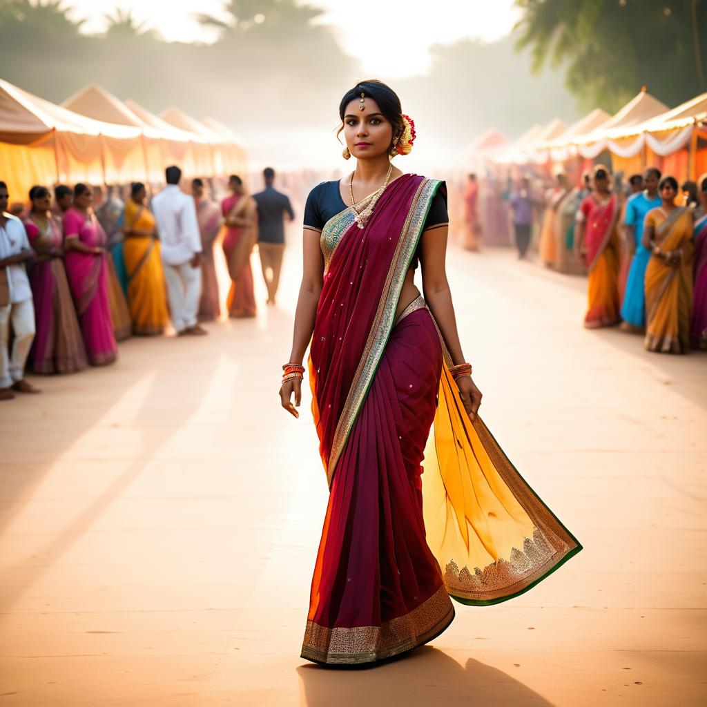 Elegant Woman in Red and Gold Saree at Vibrant Outdoor Event