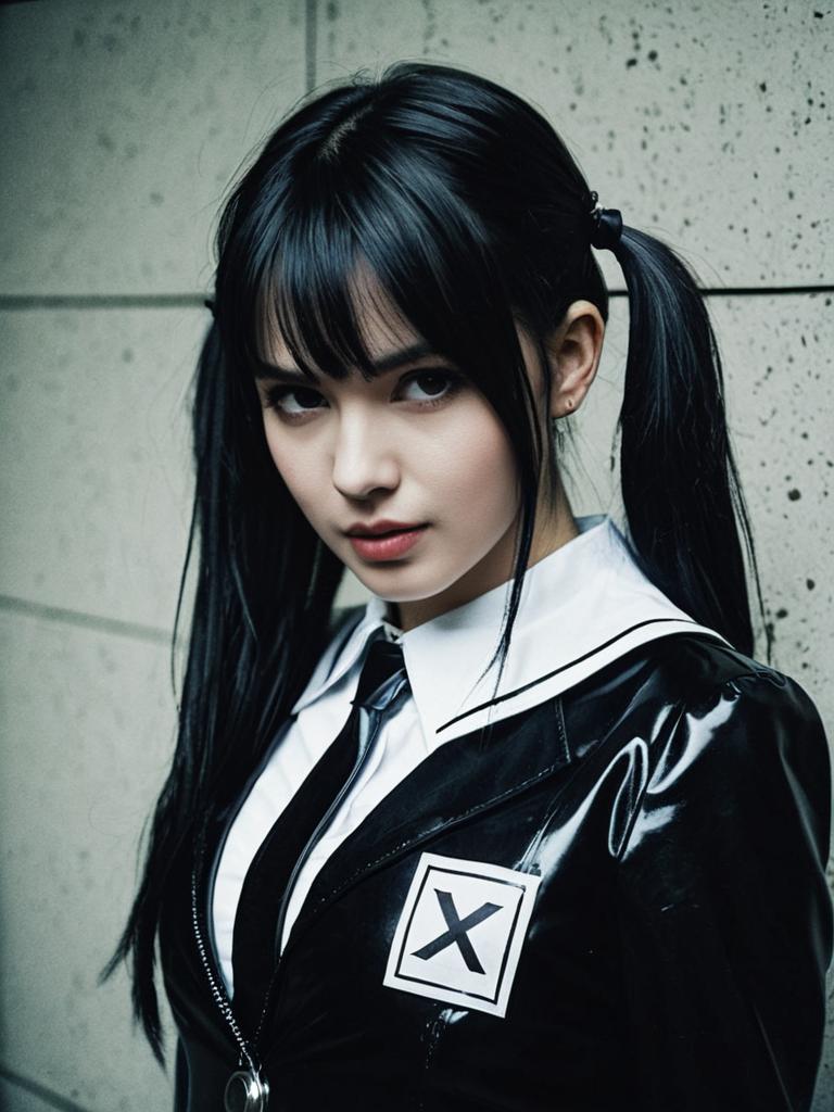 Edgy Woman in Latex Schoolgirl Cosplay Costume Photorealistic Portrait